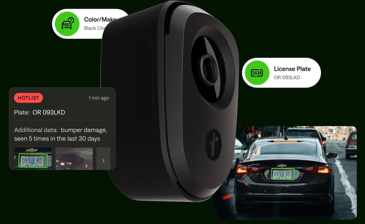 Flock Safety LPR camera with overlays showing license plate, vehicle make, and a hotlist alert